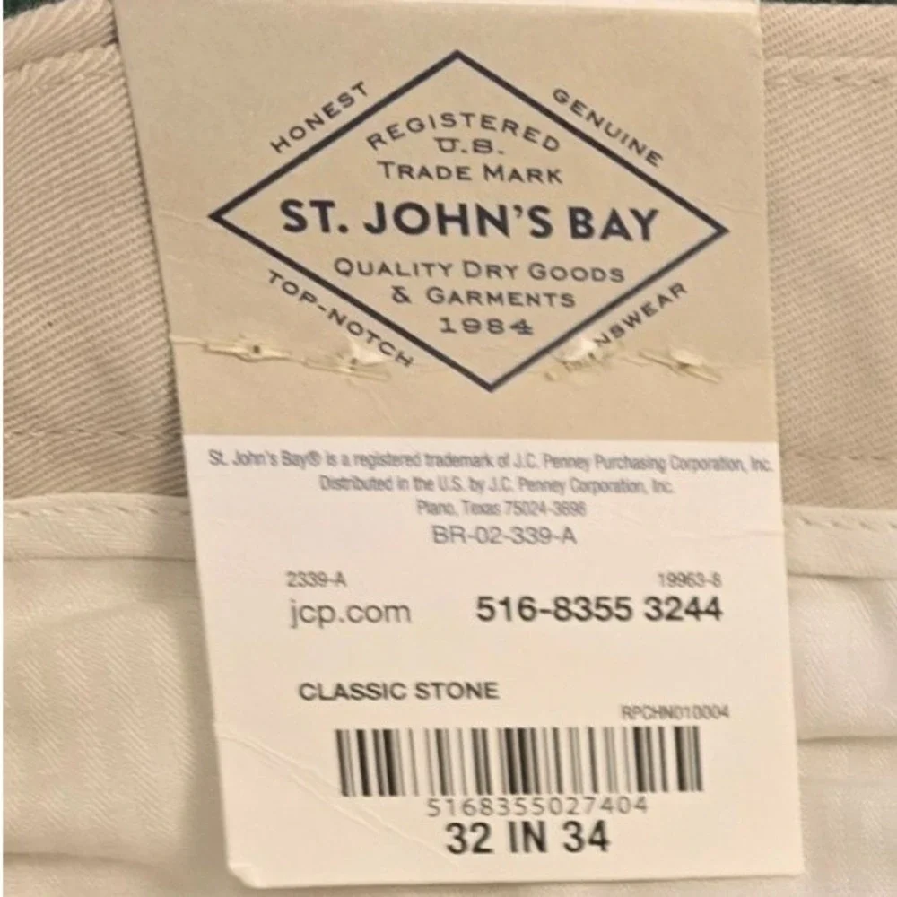St Johns Bay Men's Worry Free Classic Fit Flat Front Pants 32x34 Stone Khaki NWT